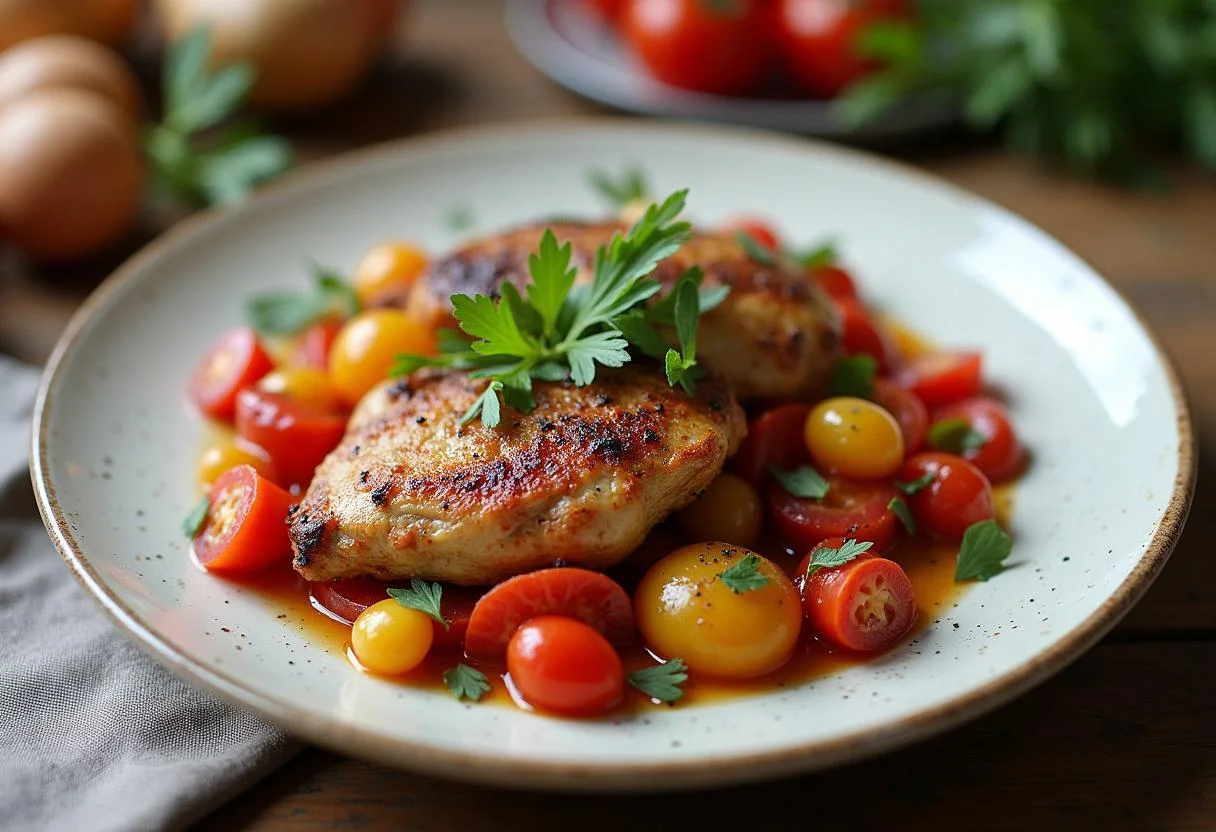 Présentation finale de la recette poulet chorizo dans un plat appétissant.