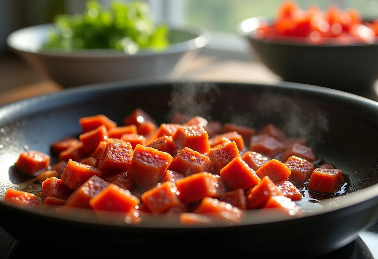 Préparation de la recette poulet chorizo avec du chorizo dans une poêle.