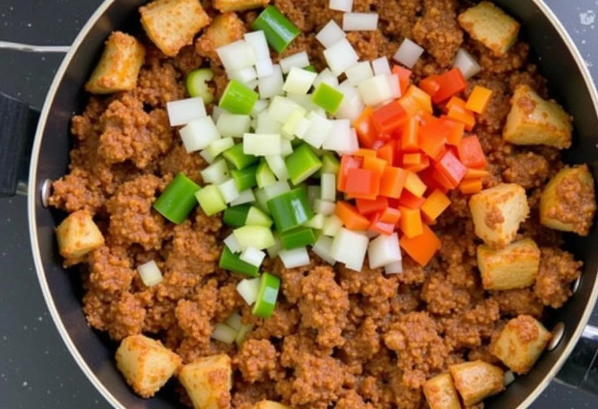 Ajout des poivrons et des oignons dans la recette poulet chorizo.