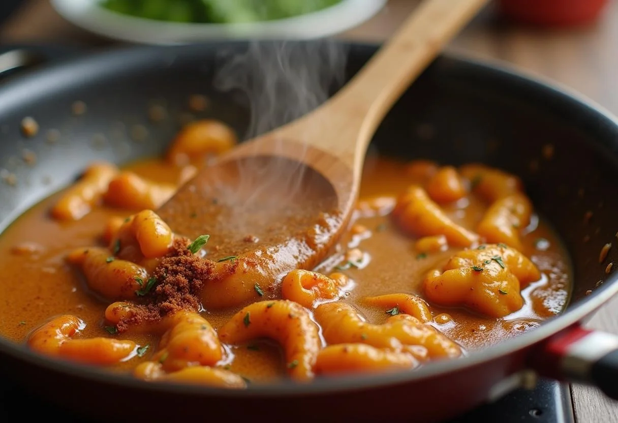 Ingrédients ajoutés pour la recette poulet chorizo dans la poêle.
