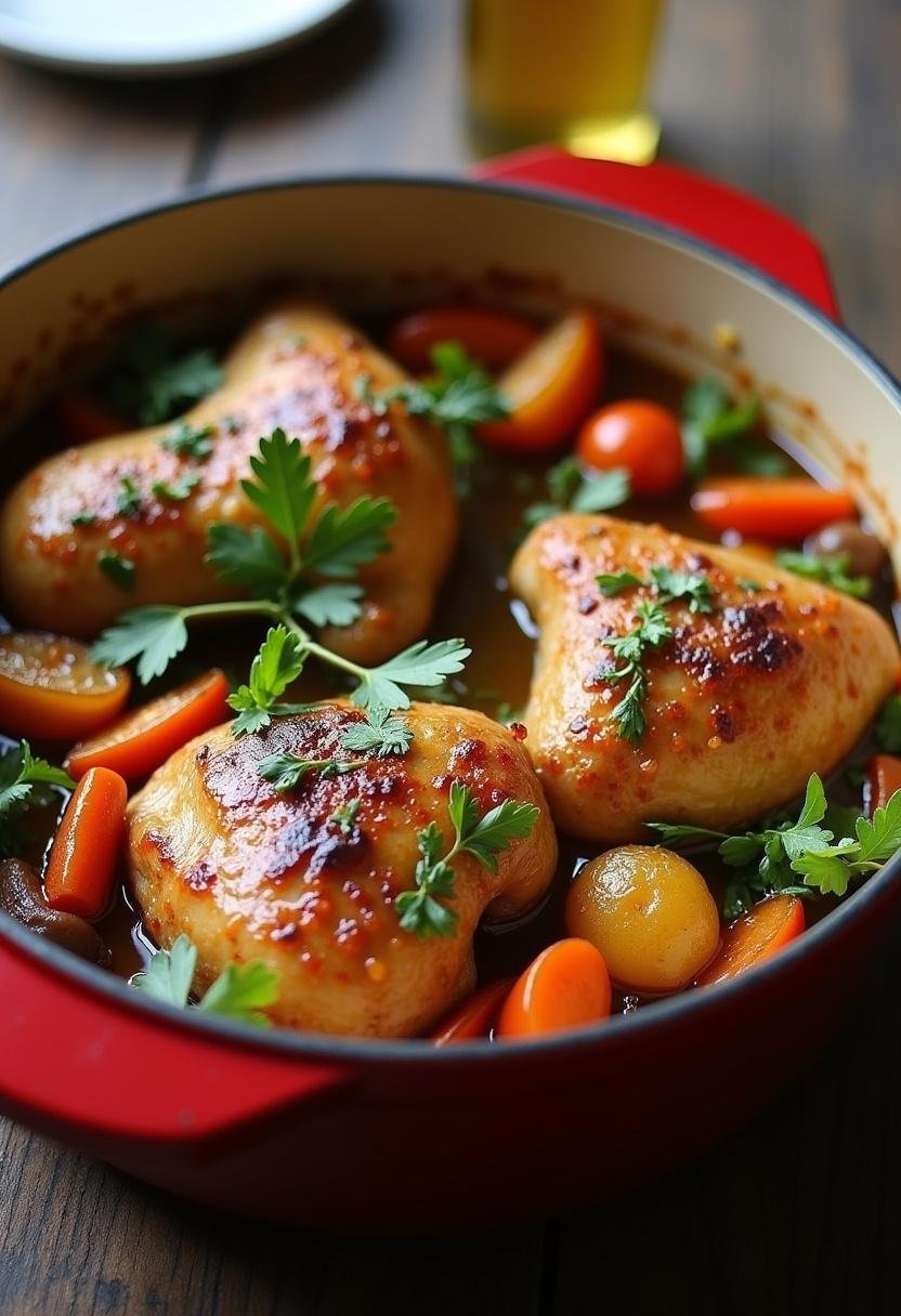 Poulet mijoté aux légumes présenté encore fumant, prêt à être dégusté.