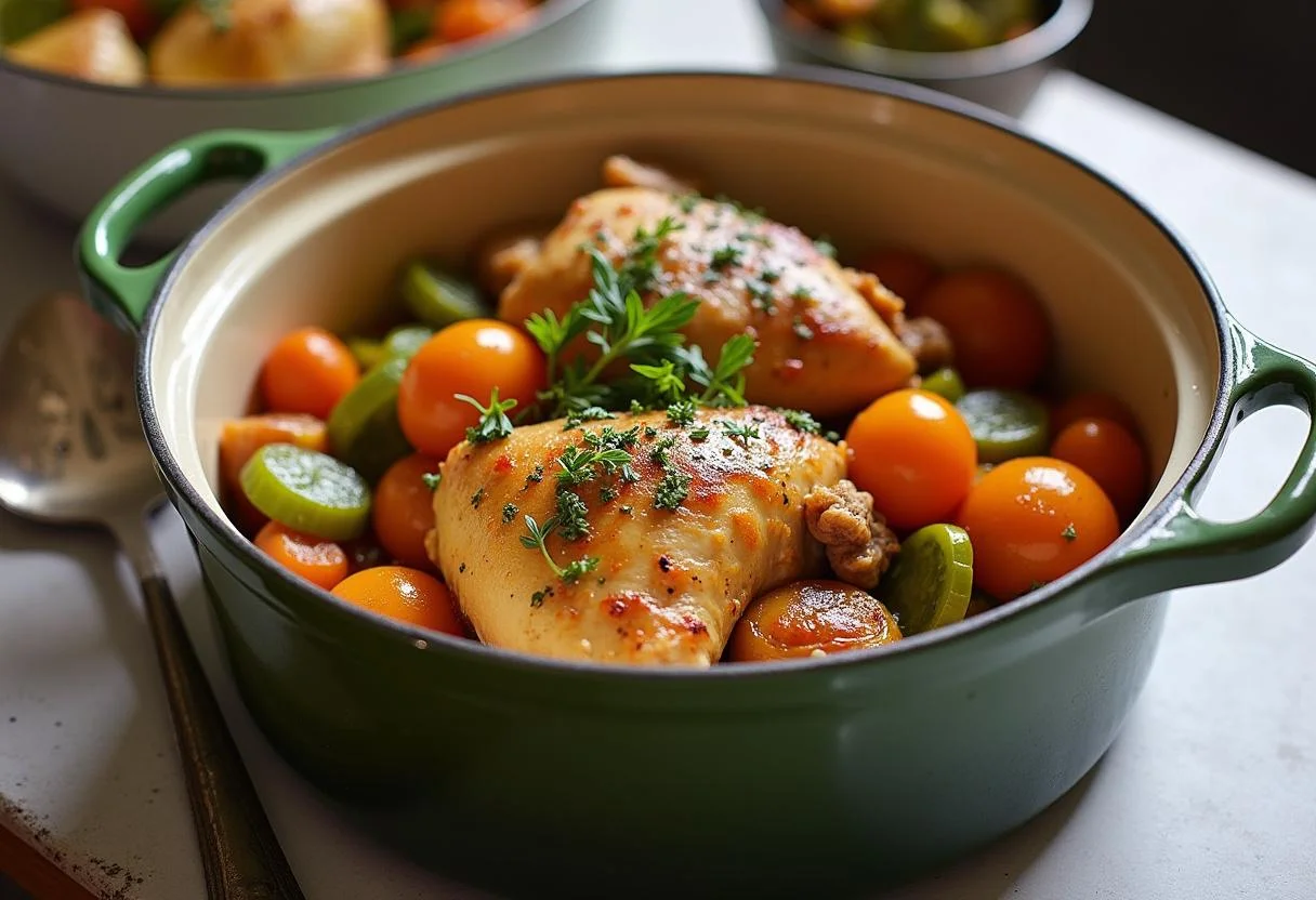 Poulet mijoté aux légumes présenté encore fumant, prêt à être dégusté.