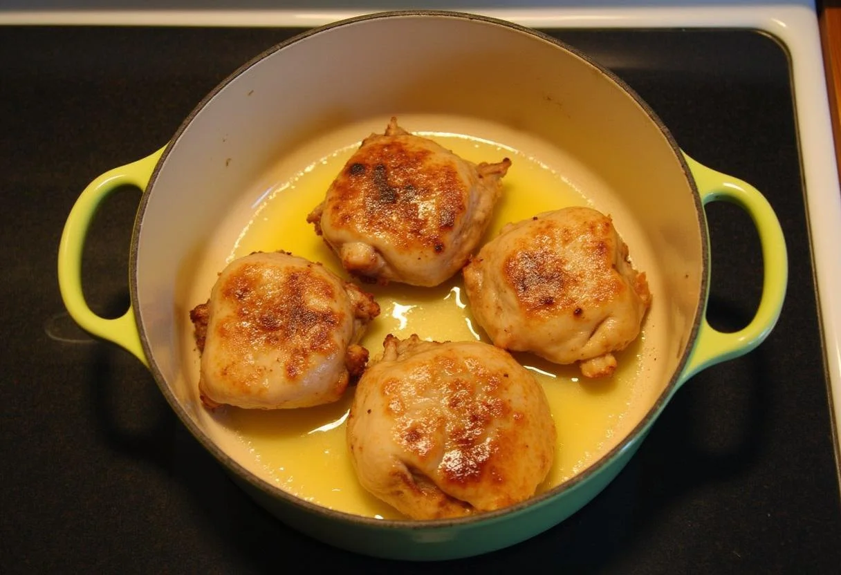 Cuisinant poulet doré dans une cocotte avec de l'huile d'olive.