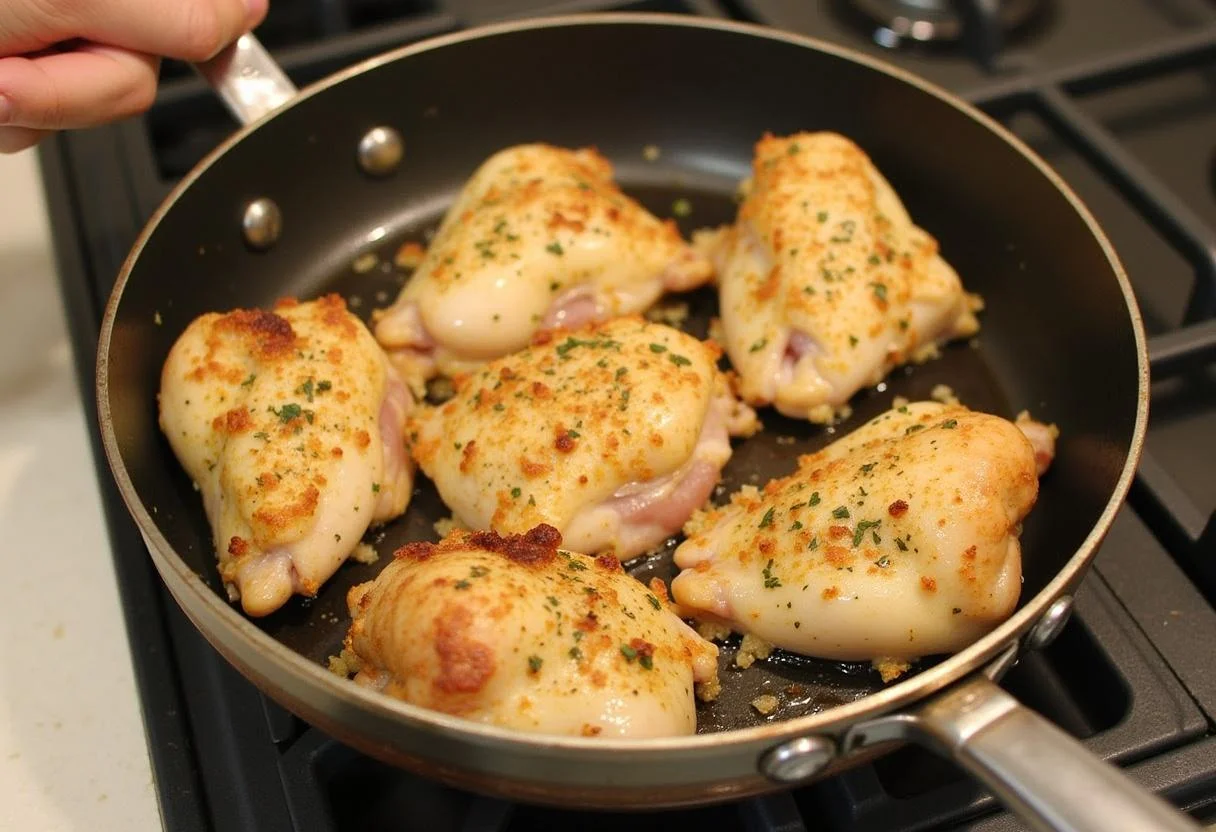 Poulet remis dans la cocotte avec de l'ail et du vin blanc, ajoutant des arômes riches au plat.