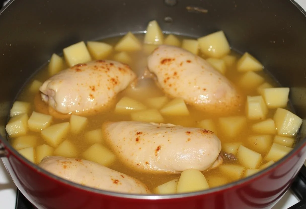 Cocotte mijotant doucement avec du poulet, légumes et bouillon, créant un plat réconfortant.