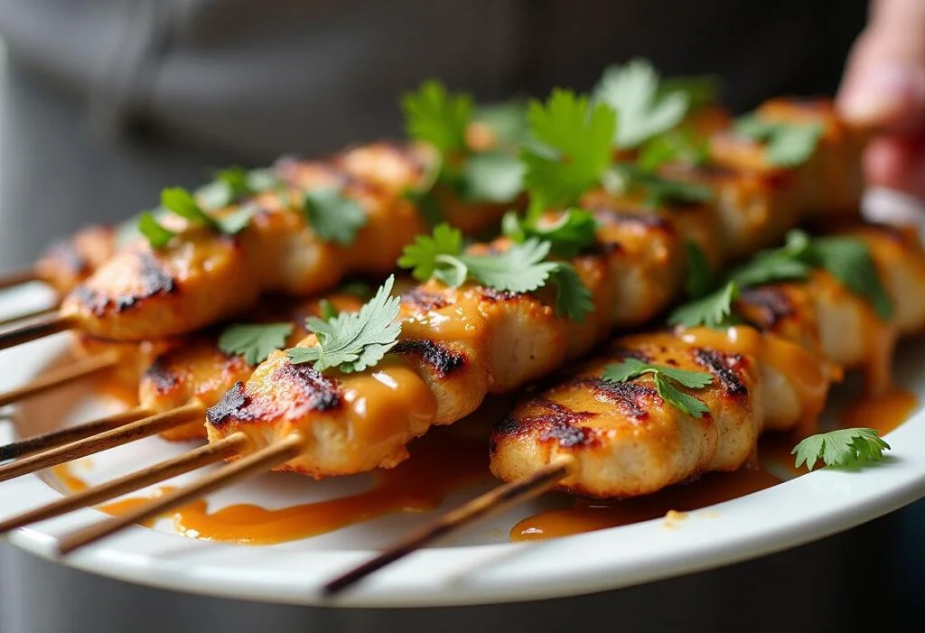 Présentation du poulet satay sur un plat, arrosé de sauce cacahuète et garni de coriandre fraîche, montrant un plat délicieux et prêt à déguster.