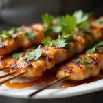 Présentation du poulet satay sur un plat, arrosé de sauce cacahuète et garni de coriandre fraîche, montrant un plat délicieux et prêt à déguster.