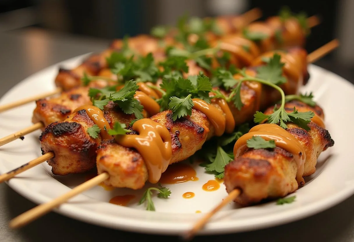Présentation du poulet satay sur un plat, arrosé de sauce cacahuète et garni de coriandre fraîche, montrant un plat délicieux et prêt à déguster.