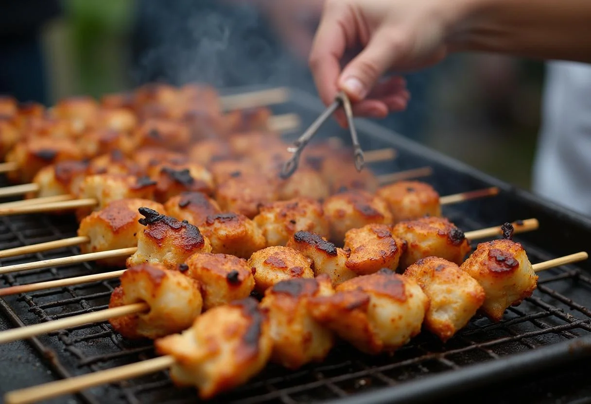 Montage des brochettes de poulet pour le poulet satay, avec des morceaux de poulet marinés disposés sur un plateau, mettant en valeur la préparation.