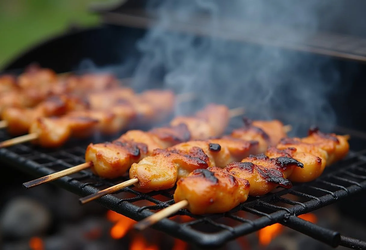 Cuisson des brochettes de poulet satay sur le grill, montrant la caramélisation dorée et la fumée s'élevant, créant une ambiance de barbecue.