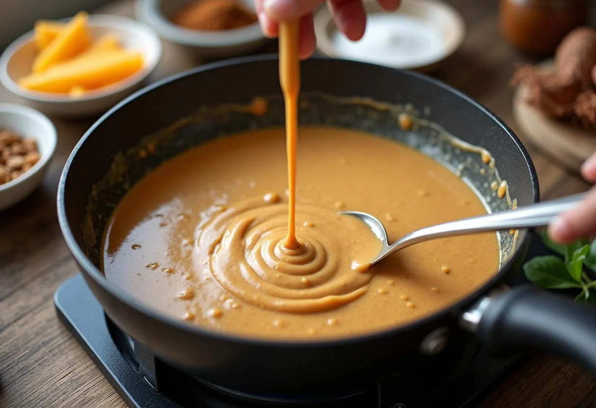 Préparation de la sauce cacahuète pour le poulet satay, mélangeant beurre de cacahuète, lait de coco et épices dans une casserole, sur une cuisinière.