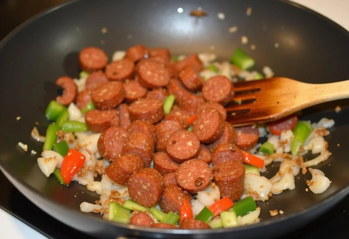 Ajout des légumes à la recette de poulet savoureux au chorizo, poivrons et oignons dans la poêle, mélange avec le chorizo.
