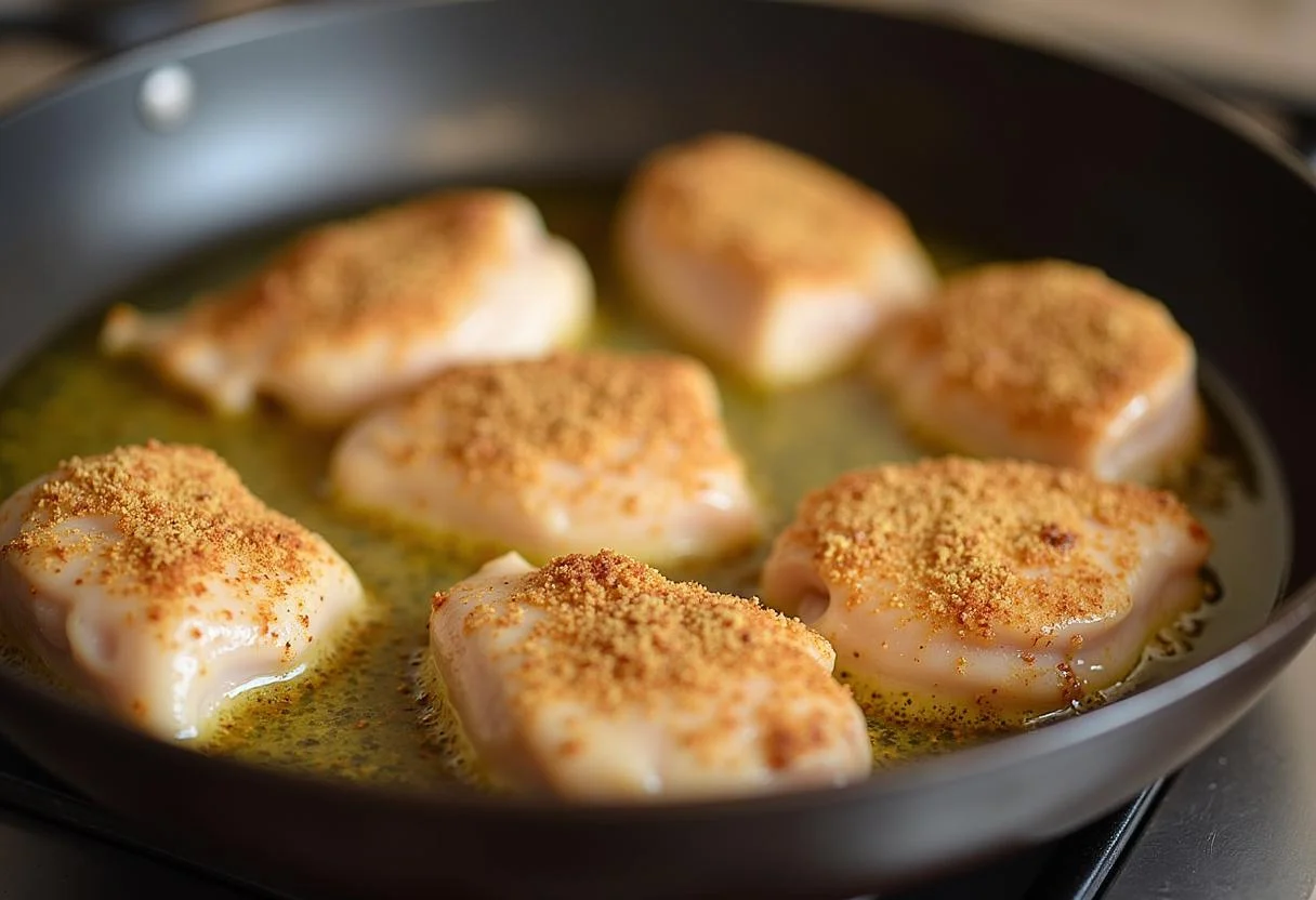Intégration du poulet dans la recette, morceaux de poulet assaisonnés cuisinés avec chorizo et légumes.
