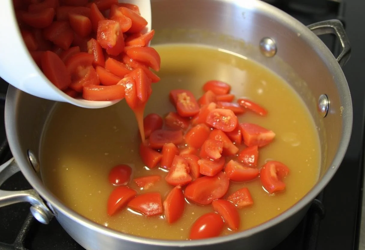 Incorporation des tomates et du bouillon, cuisson à couvert pour la recette du poulet chorizo cookeo.