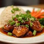 Poulet Teriyaki maison servi dans une assiette blanche, avec légumes et riz, illustrant parfaitement la recette facile de poulet teriyaki.