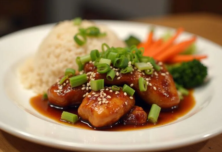 Poulet Teriyaki maison servi dans une assiette blanche, avec légumes et riz, illustrant parfaitement la recette facile de poulet teriyaki.