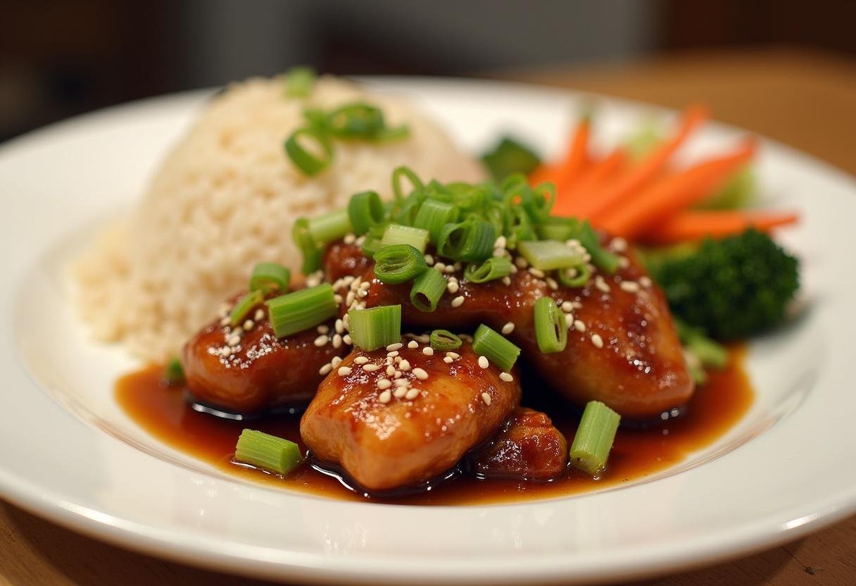 Poulet Teriyaki maison servi dans une assiette blanche, avec légumes et riz, illustrant parfaitement la recette facile de poulet teriyaki.