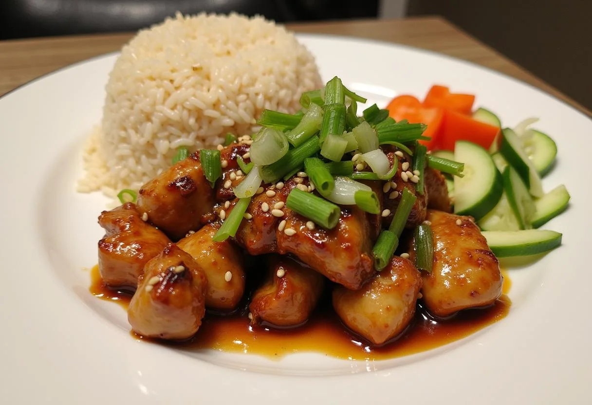 Poulet Teriyaki maison servi dans une assiette blanche, avec légumes et riz, illustrant parfaitement la recette facile de poulet teriyaki.