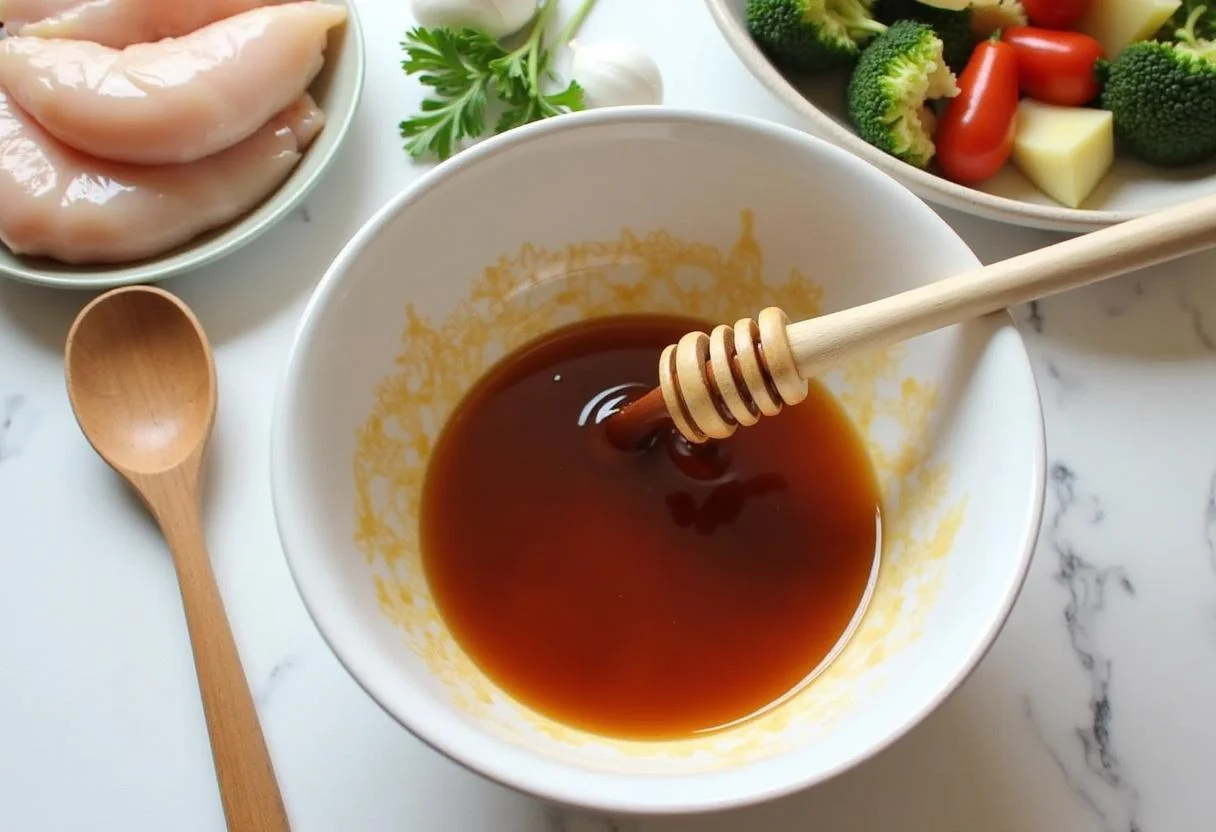 Mélange de sauce Teriyaki dans un grand bol pour la recette du poulet teriyaki maison, mettant en valeur les ingrédients frais.