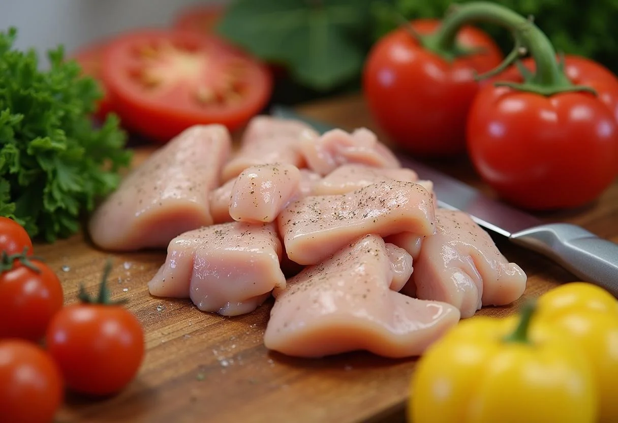 Découpe de morceaux de poulet pour la recette teriyaki poulet sur une planche à découper, avec des légumes frais en arrière-plan.