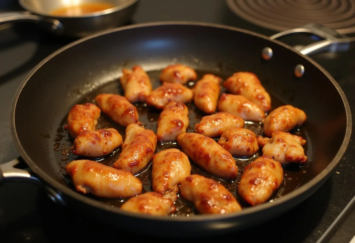 Sauter des morceaux de poulet dorés dans une poêle en fonte pour la recette de poulet teriyaki, avec la sauce qui mijote à côté.
