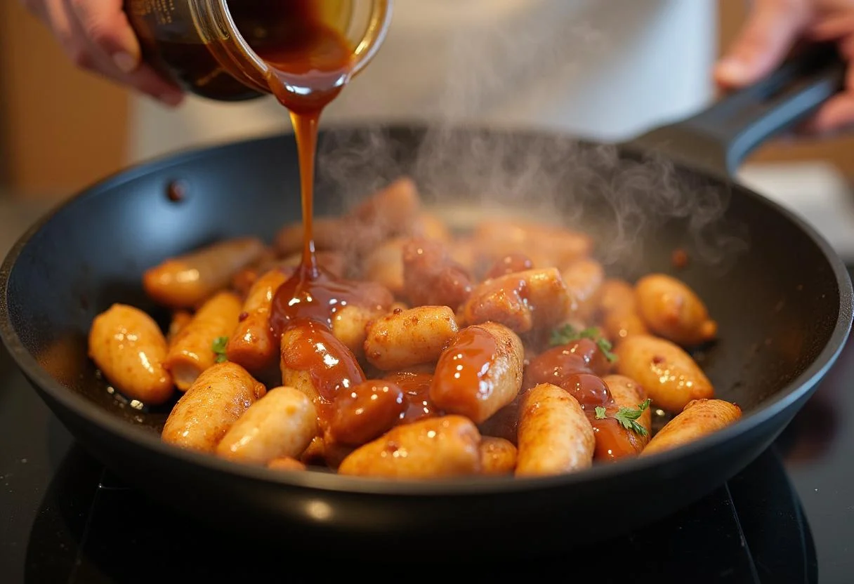 Ajout de sauce Teriyaki sur le poulet dans la poêle, créant une belle présentation pour les recettes poulet teriyaki.