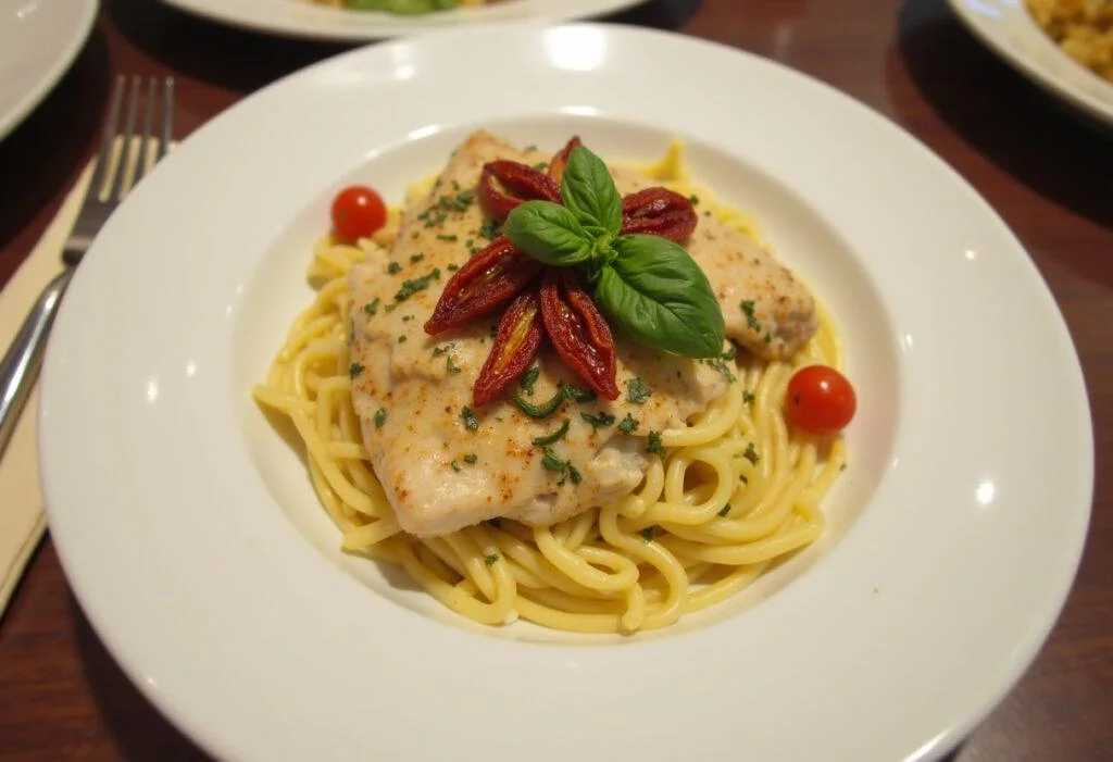 Présentation élégante du poulet à la toscane avec des pâtes et des herbes, mettant en avant la richesse savoureuse de ce plat italien.