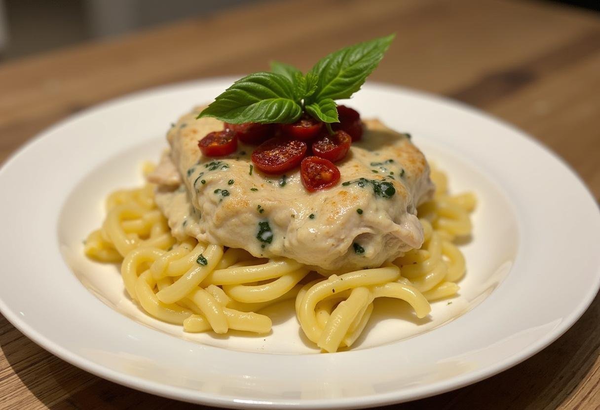 Présentation élégante du poulet à la toscane avec des pâtes et des herbes, mettant en avant la richesse savoureuse de ce plat italien.