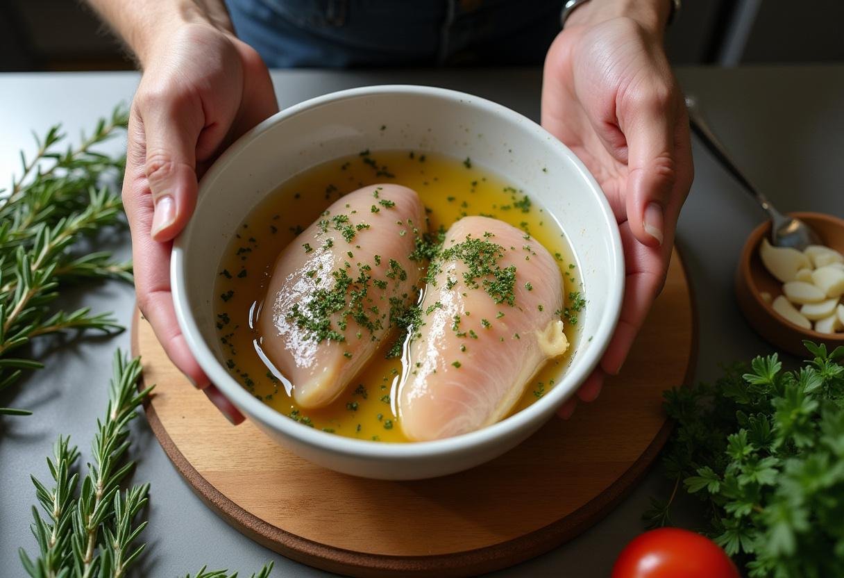 Marinade du poulet à la toscane dans un bol avec de l'huile d'olive, de l'ail et des herbes italiennes, mettant en avant la préparation savoureuse du poulet à la toscane.