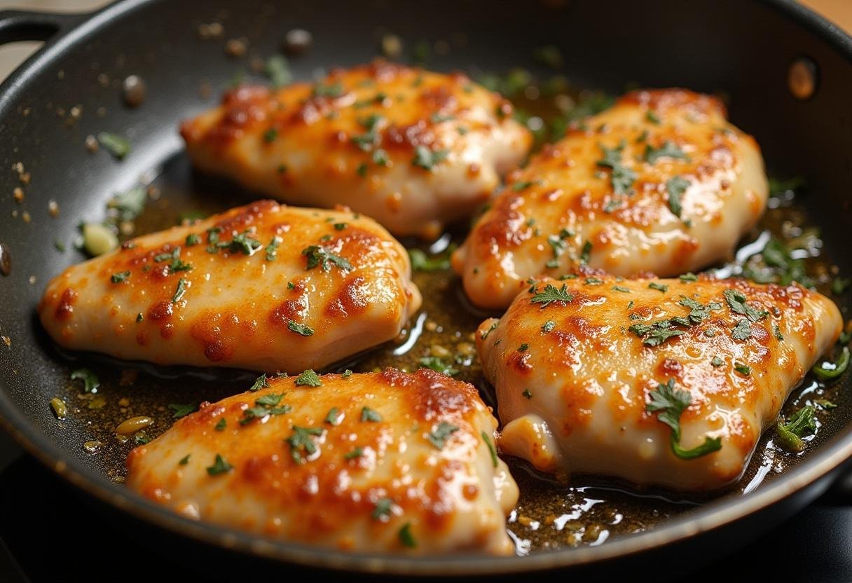 Saisir le poulet à la toscane dans une poêle avec des herbes et de l'ail, illustrant la création de la belle croûte dorée du poulet à la toscane.