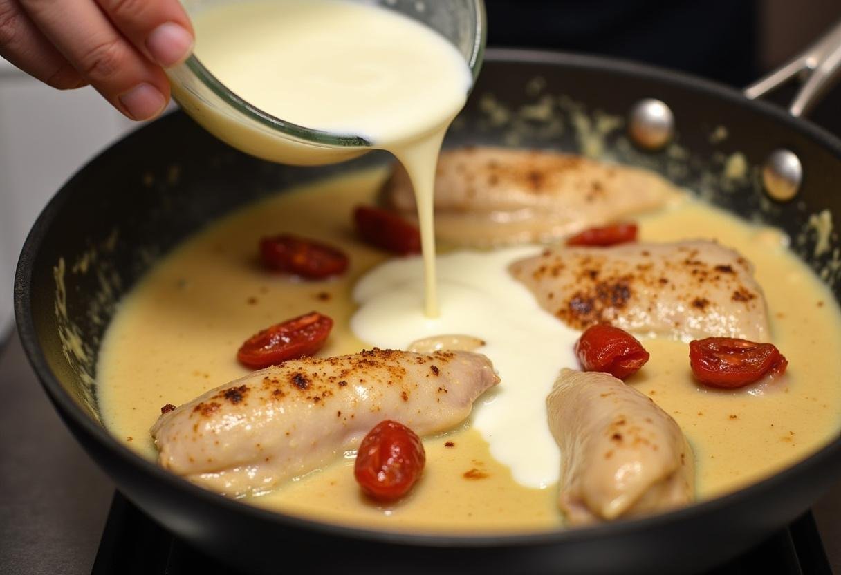 Ajout d'un mélange de crème et de tomates séchées à la poêle pour le poulet à la toscane, montrant la richesse de la sauce crémeuse qui enveloppe le poulet.