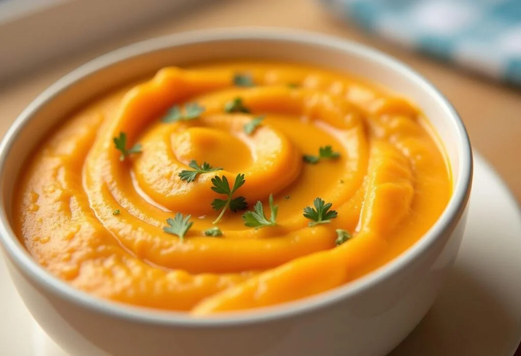 Fermeture sur purée de patate douce et carotte crémeuse, garnie de persil, montrant un plat savoureux pour bébé ou adulte.