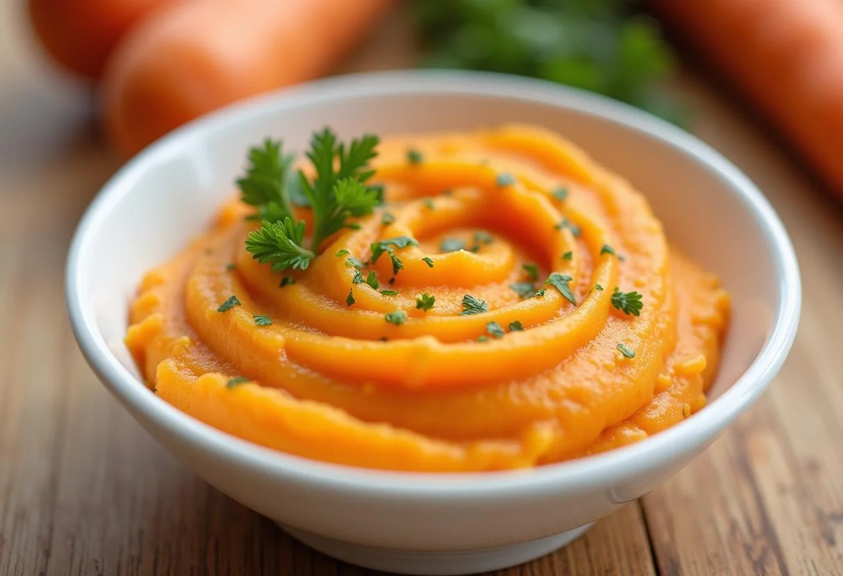 Fermeture sur purée de patate douce et carotte crémeuse, garnie de persil, montrant un plat savoureux pour bébé ou adulte.
