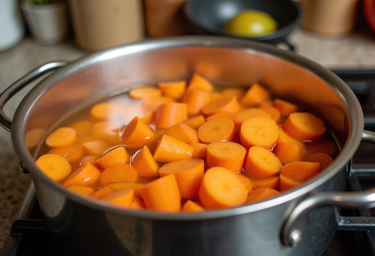 Préparation de purée de patate douce et carotte dans une casserole sur le feu, montrant des légumes épluchés et coupés en dés.