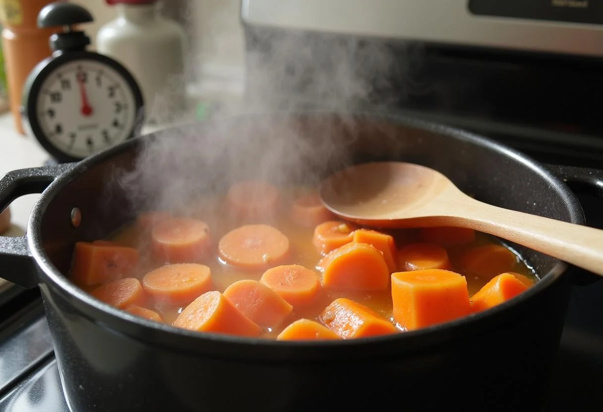 Ébullition de légumes pour purée de patate douce carotte, montrant de la vapeur et un minuteur sur le comptoir de cuisine.