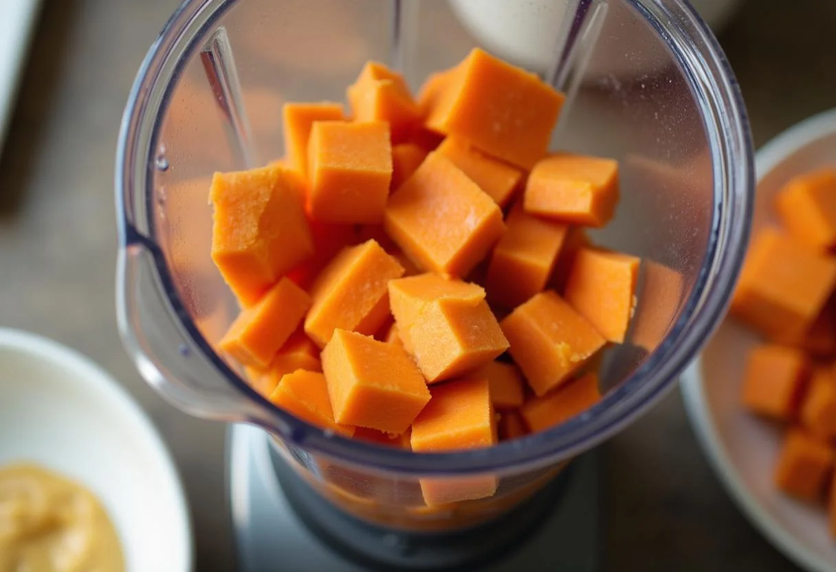 Mélangeuse remplie de patate douce et carottes cuites pour préparer une purée lisse, avec un bol vide à côté.