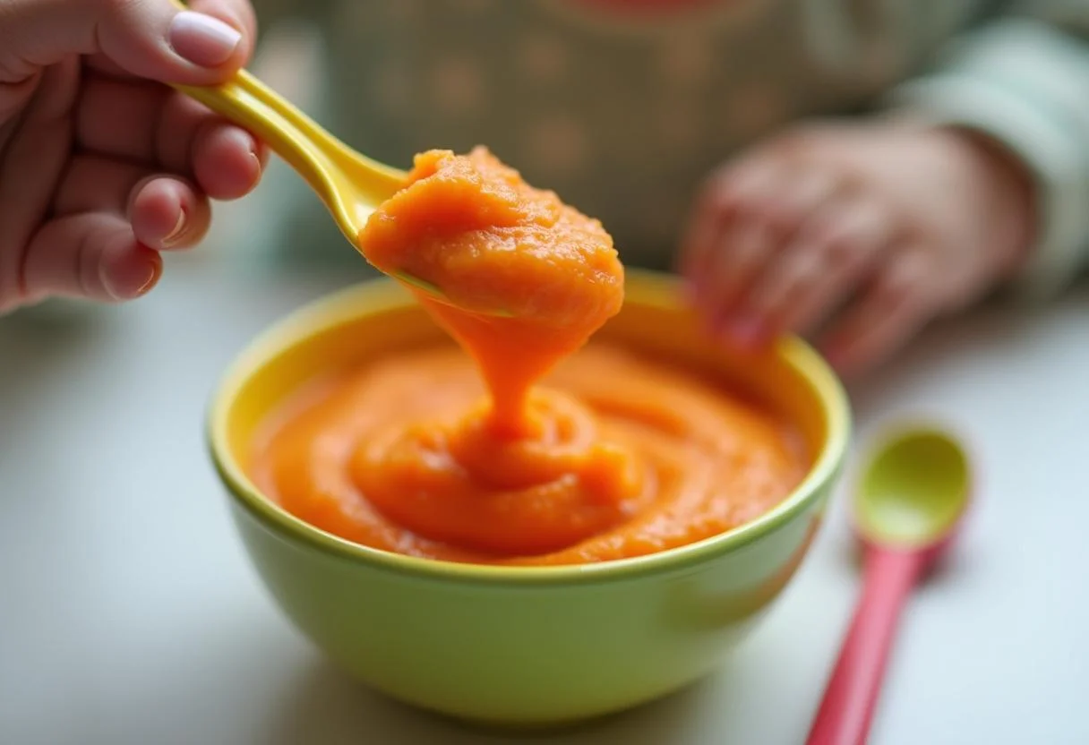 Purée de patate douce et carotte, servie dans un bol pour bébé, avec une cuillère colorée à côté, montrant un décor de salle à manger chaleureux.