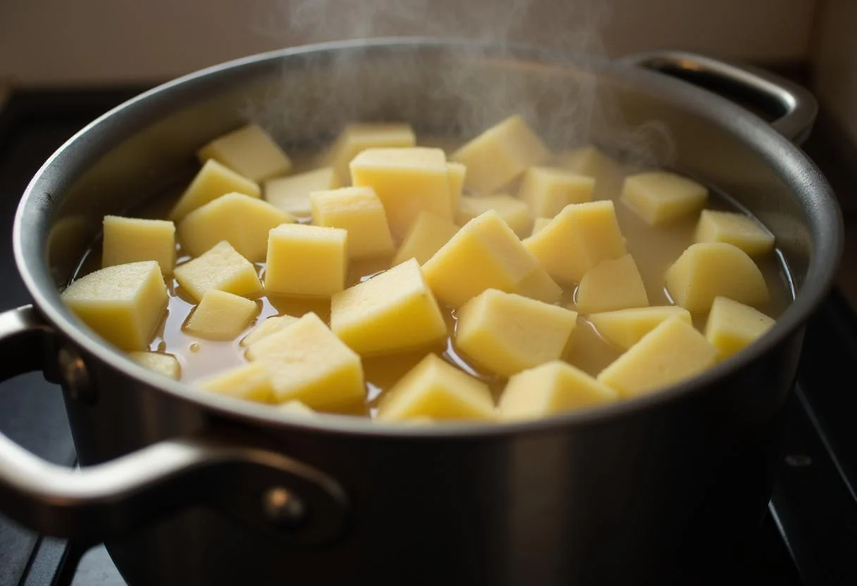 Pommes de terre en train de bouillir pour la préparation de la Purée de Pommes de Terre.