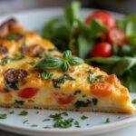 Une part de quiche façon ratatouille, joliment présentée avec des herbes fraîches et une salade, plate à table.