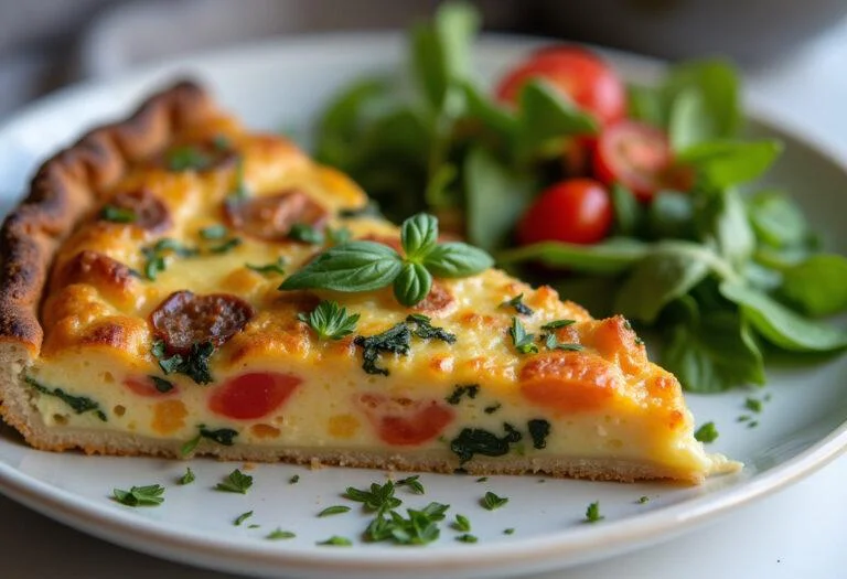 Une part de quiche façon ratatouille, joliment présentée avec des herbes fraîches et une salade, plate à table.