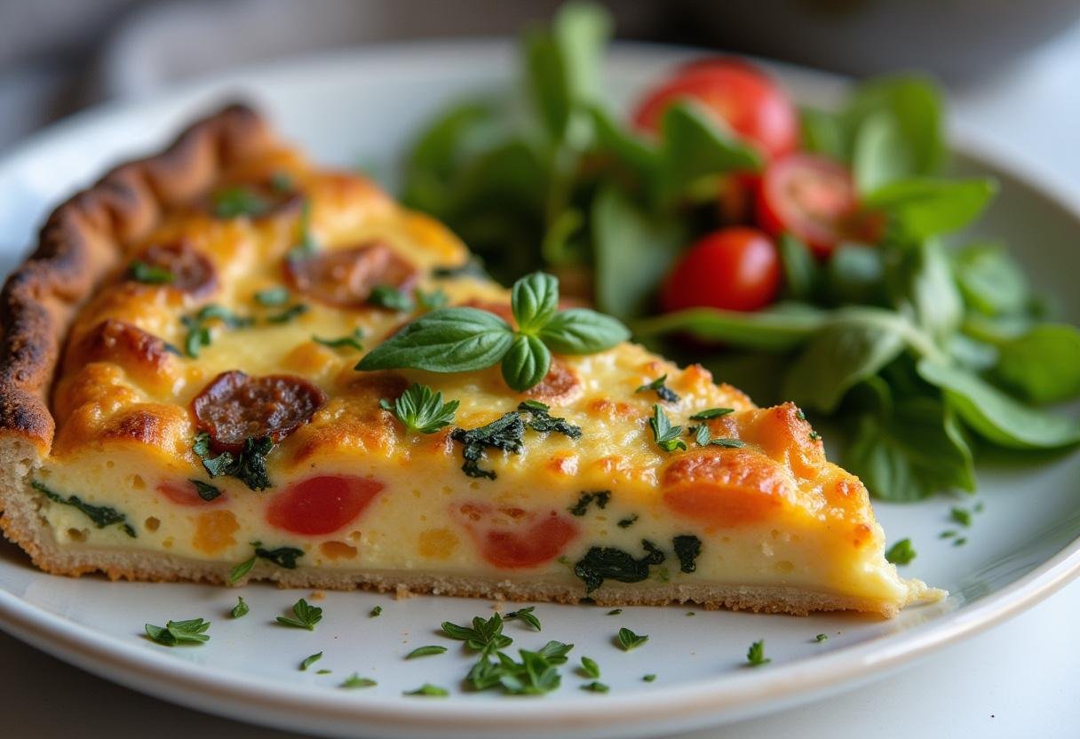 Une part de quiche façon ratatouille, joliment présentée avec des herbes fraîches et une salade, plate à table.