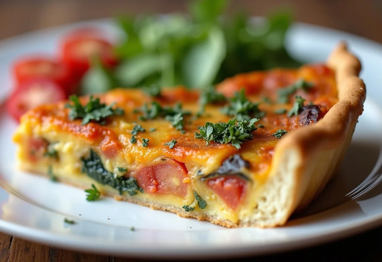 Une part de quiche façon ratatouille, joliment présentée avec des herbes fraîches et une salade, plate à table.