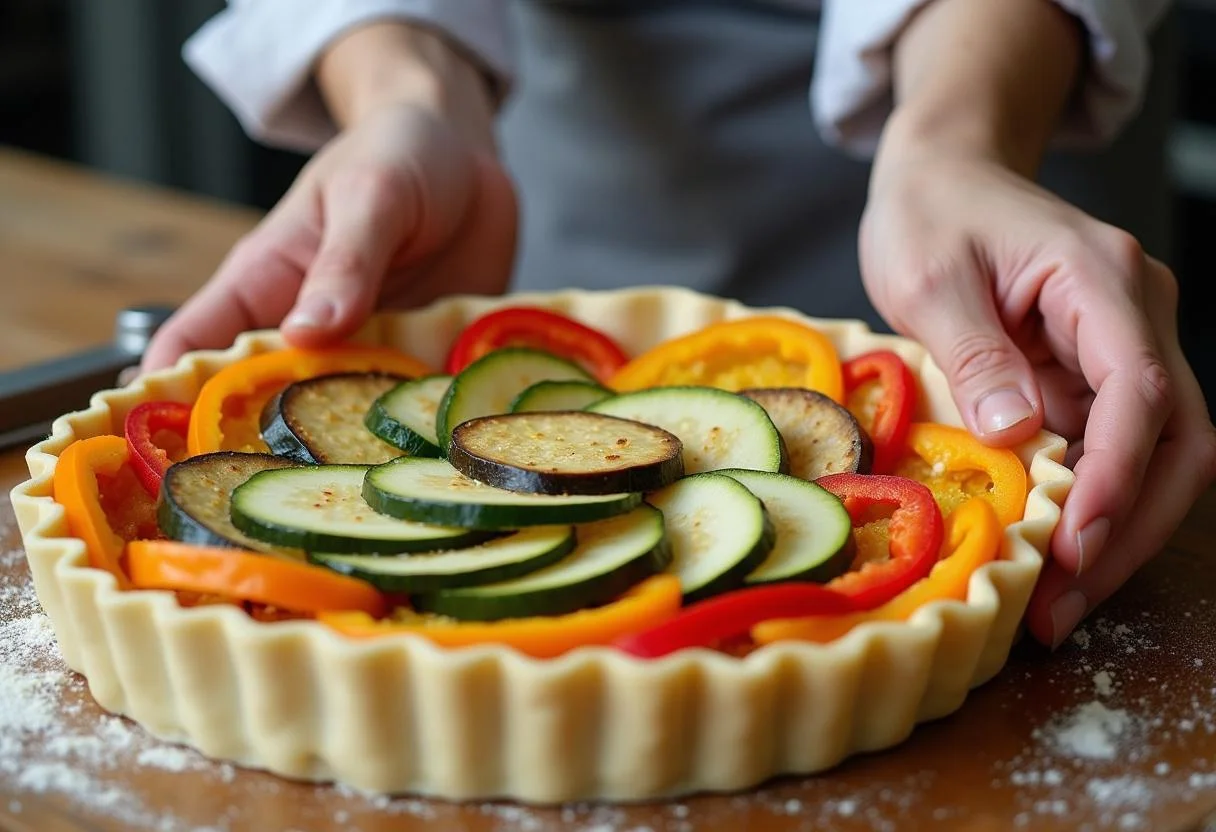 Préparation de la quiche ratatouille, chef disposant des légumes tranchés dans une croûte de tarte beurrée.