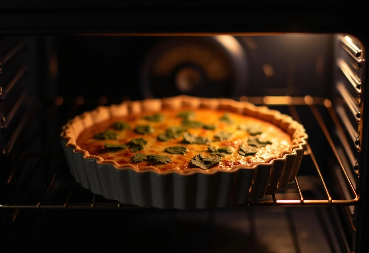 Cuisson de la quiche ratatouille dans le four, chef réglant la minuterie pour une cuisson parfaite.
