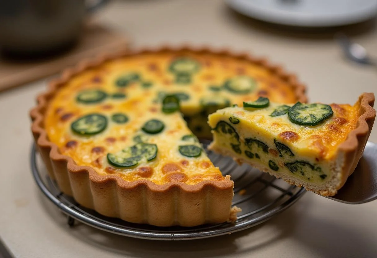 Quiche ratatouille du soleil fraîchement cuite, tranchée pour révéler ses couches colorées de légumes.