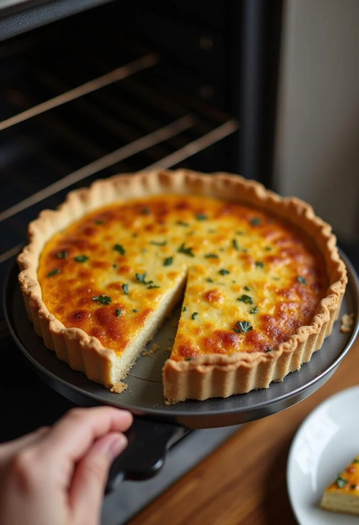 Quiche sans pâte au thon délicieuse et dorée, présentée avec une part sur une assiette, idéale pour une réception ou un repas familial.