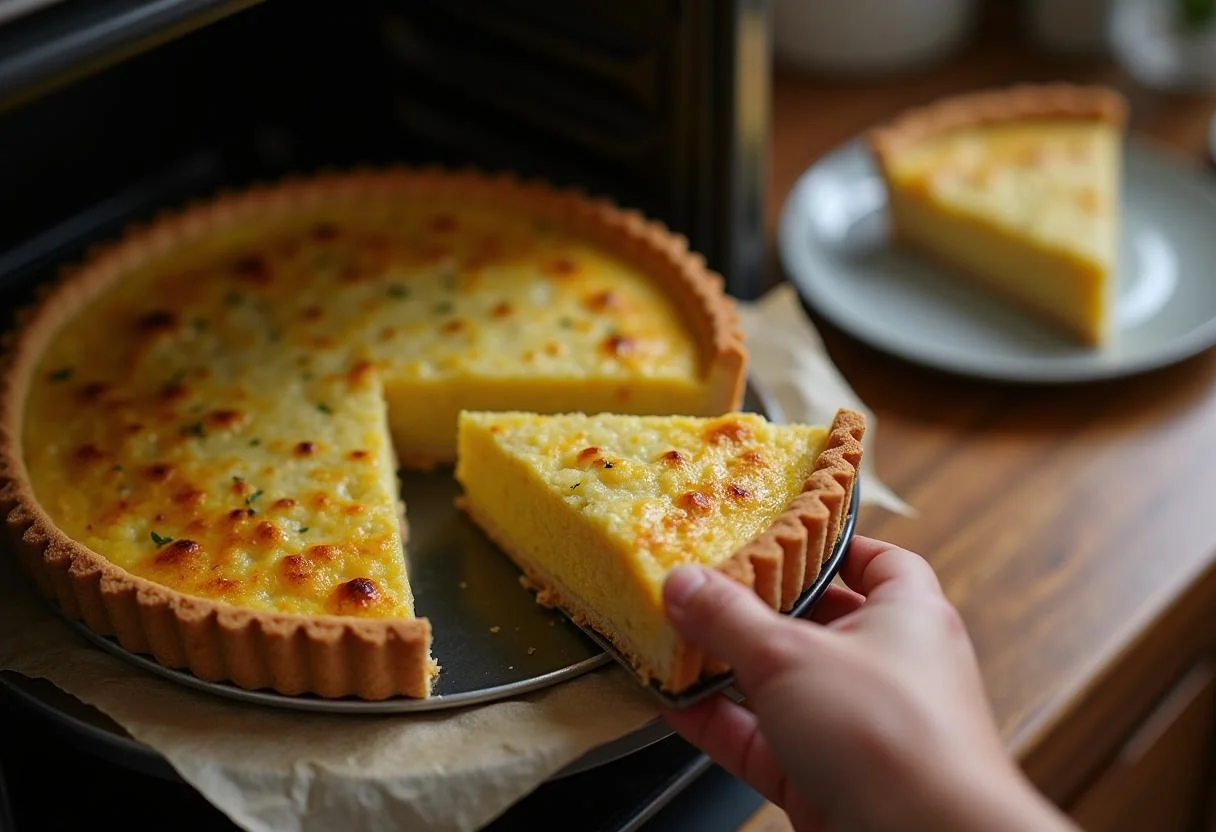 Quiche sans pâte au thon délicieuse et dorée, présentée avec une part sur une assiette, idéale pour une réception ou un repas familial.