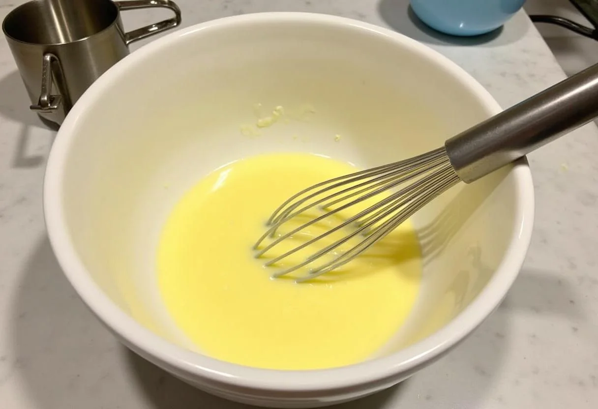 Préparation des œufs et du lait pour la quiche sans pâte, mélange parfait dans un bol à mélanger.