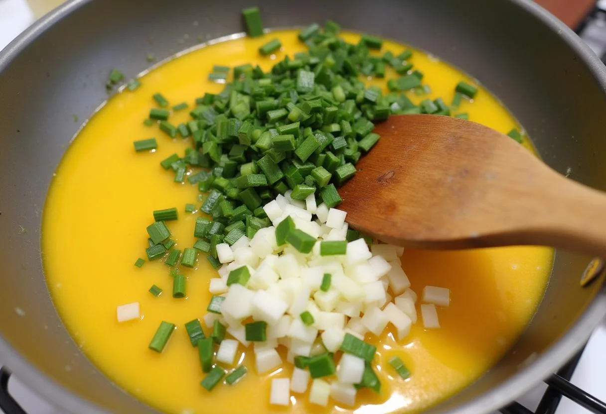 Ajout d'oignons hachés et d'herbes fraîches dans le mélange d'œufs pour enrichir le goût de la quiche sans pâte.