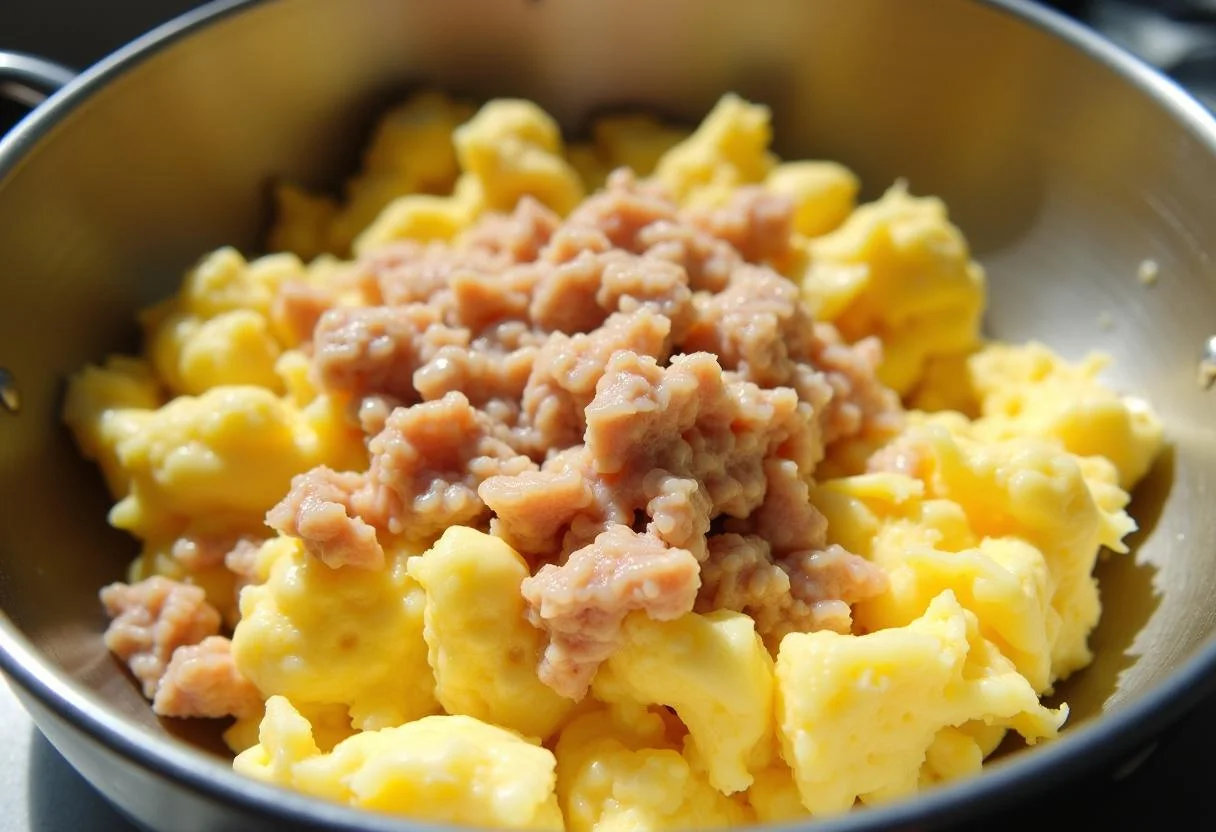 Incorporation de thon en conserve dans le mélange d'œufs, un pas clé pour la quiche sans pâte au thon, entouré d'une belle lumière naturelle.